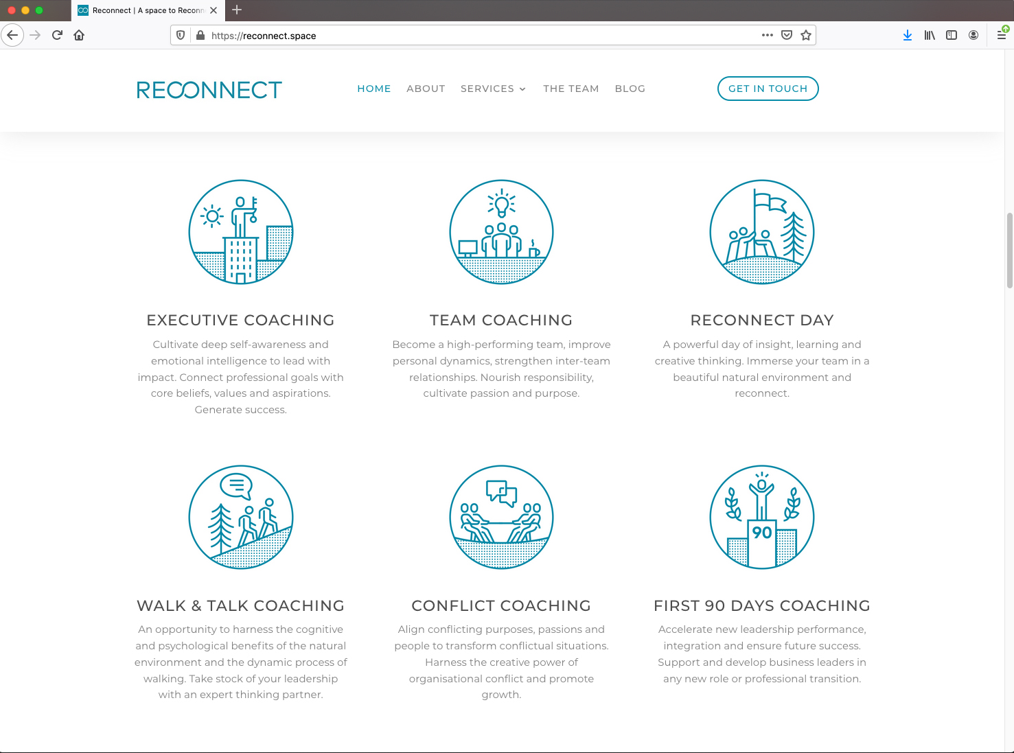Reconnect Executive Coaching typical website page