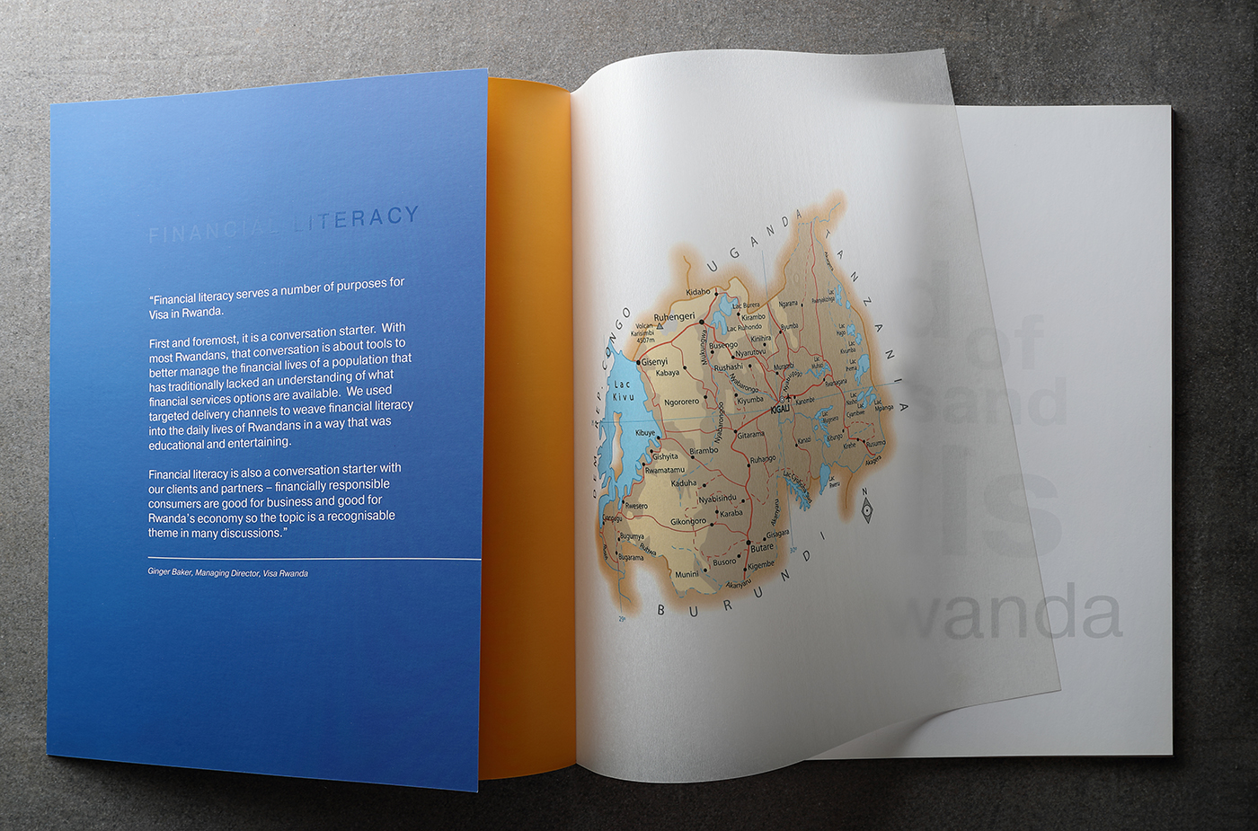 'Visa In Rwanda' brochure design: inside front cover showing flap and tracing paper