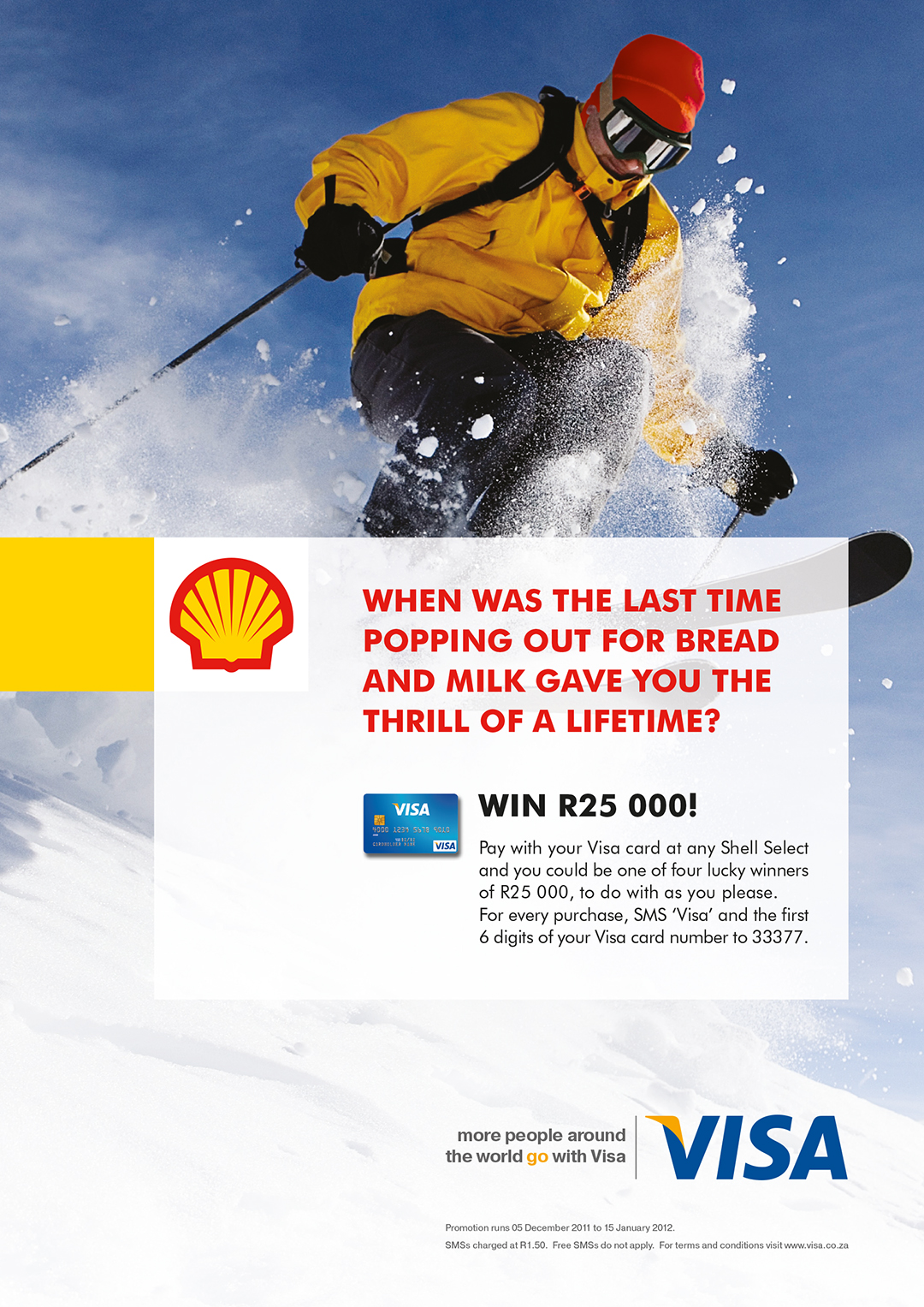 Visa Shell promotion: marketing collateral design showing man skiing