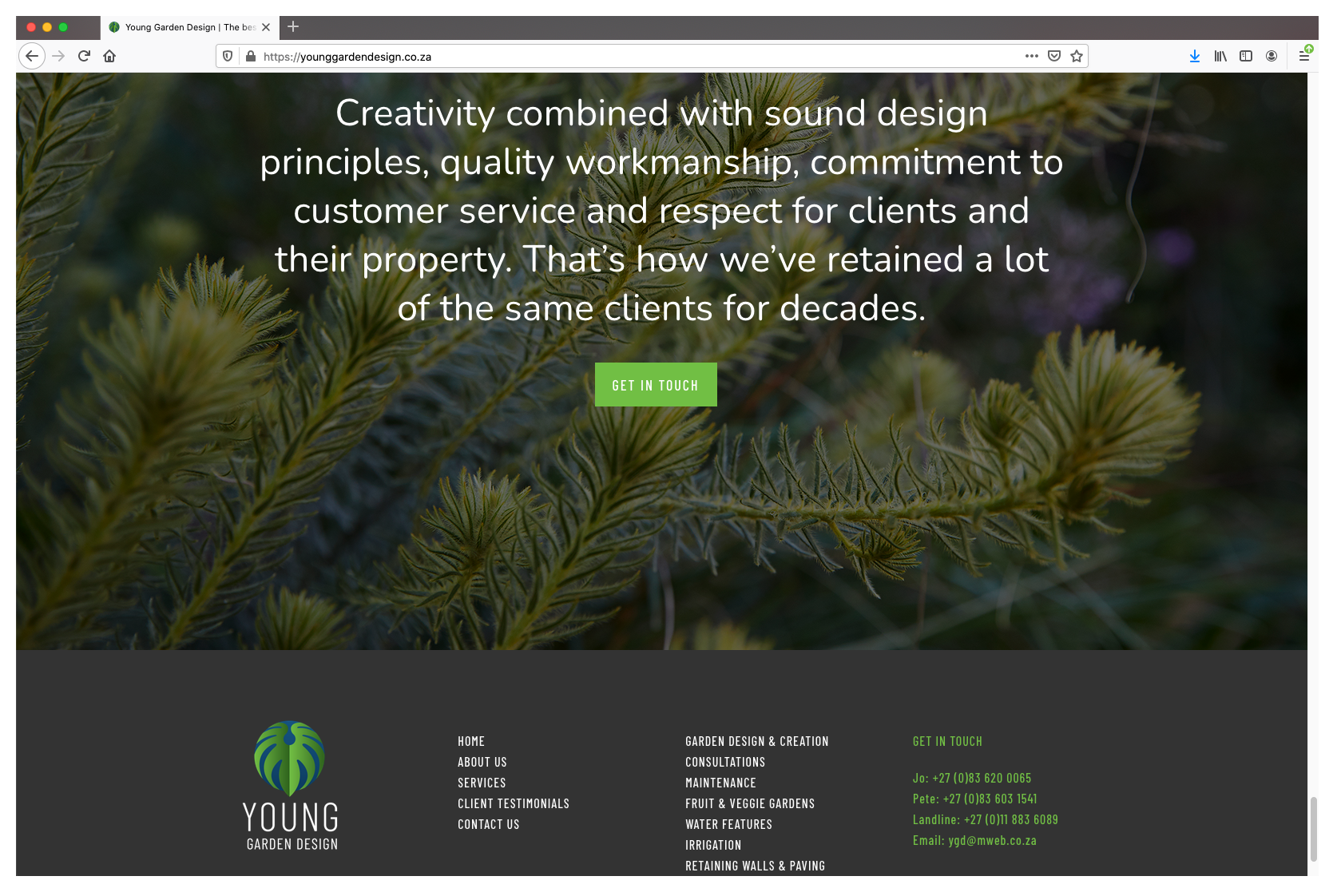 Young Garden Design, typical website page